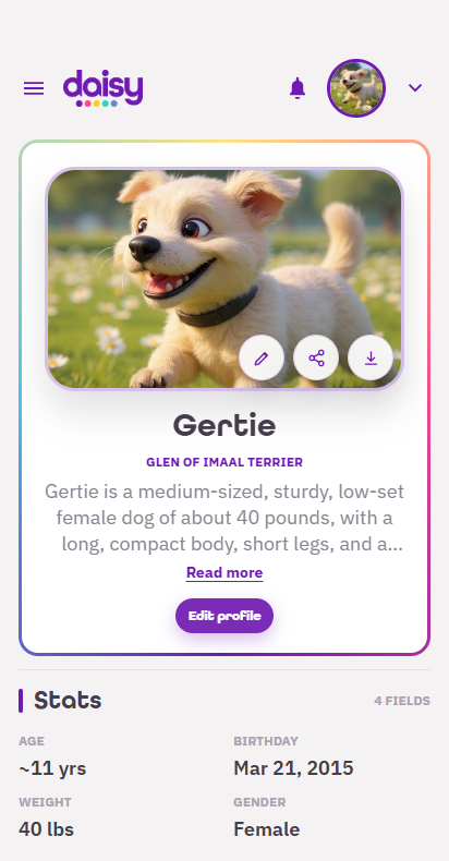 Gertie's profile in the Daisy app — photo, breed, stats, and care details